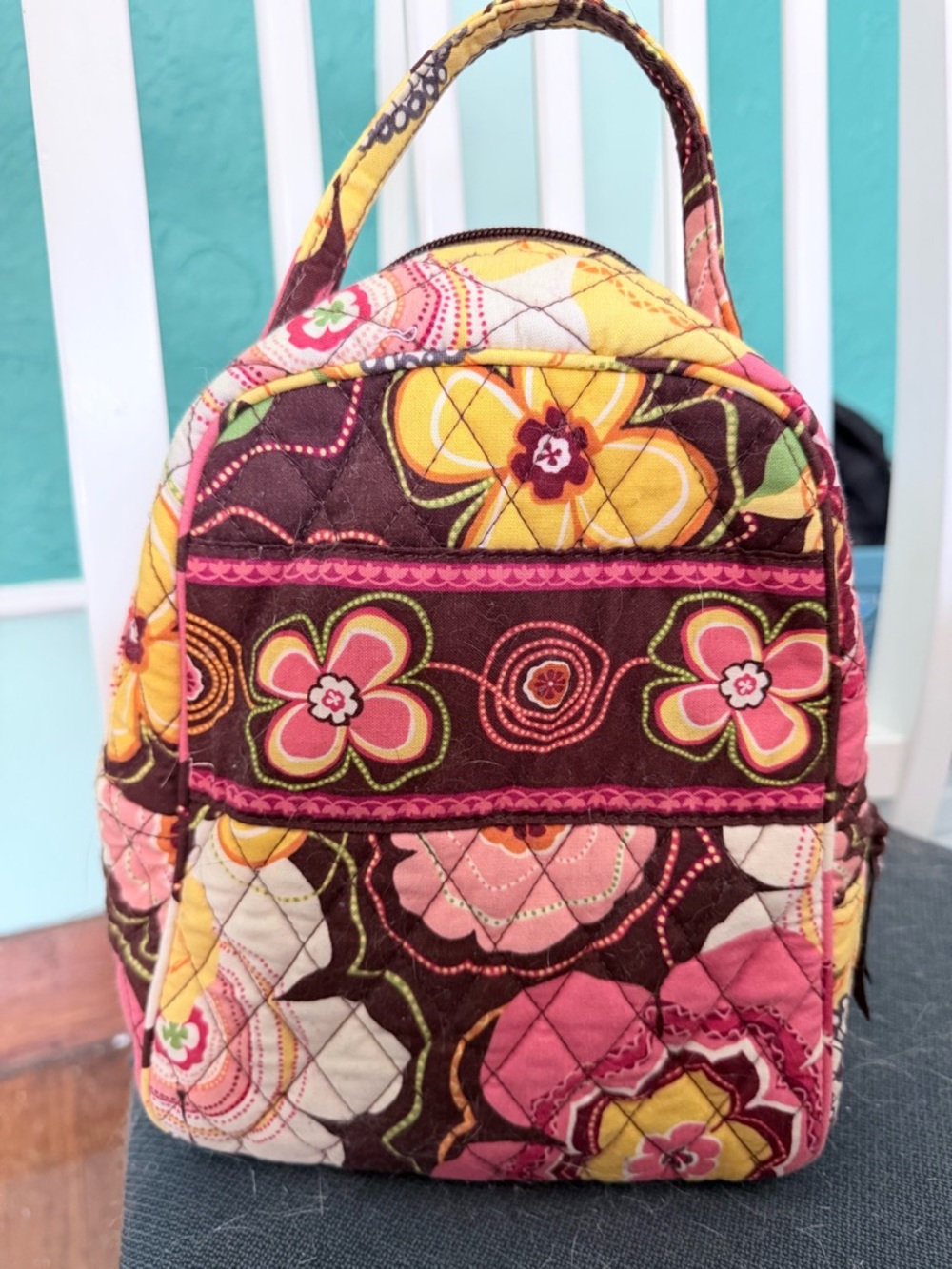 Vera Bradley Quilted Floral Mini Backpack in Pink, Brown & Yellow